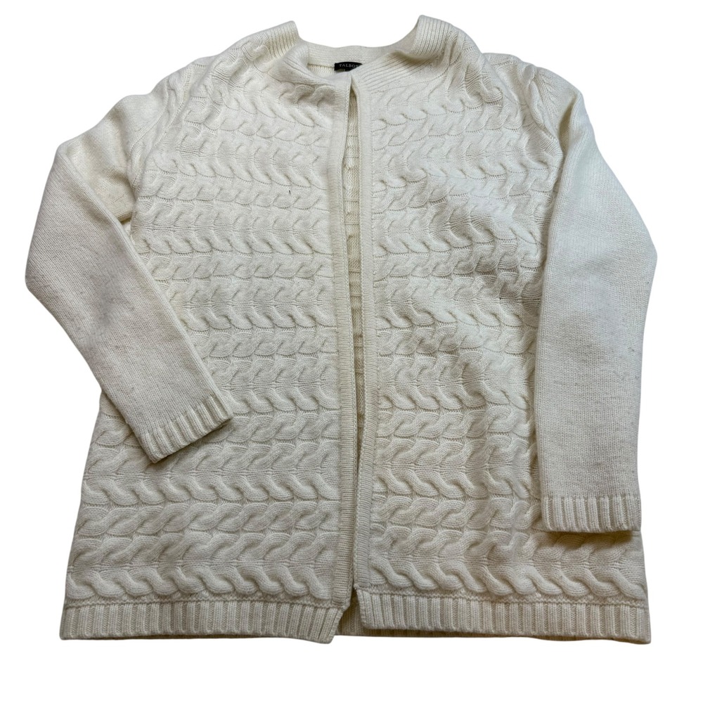 Talbots Womens Cream Cable Knit Open Front Cardigan Sweater‎ Merino Wool Size S